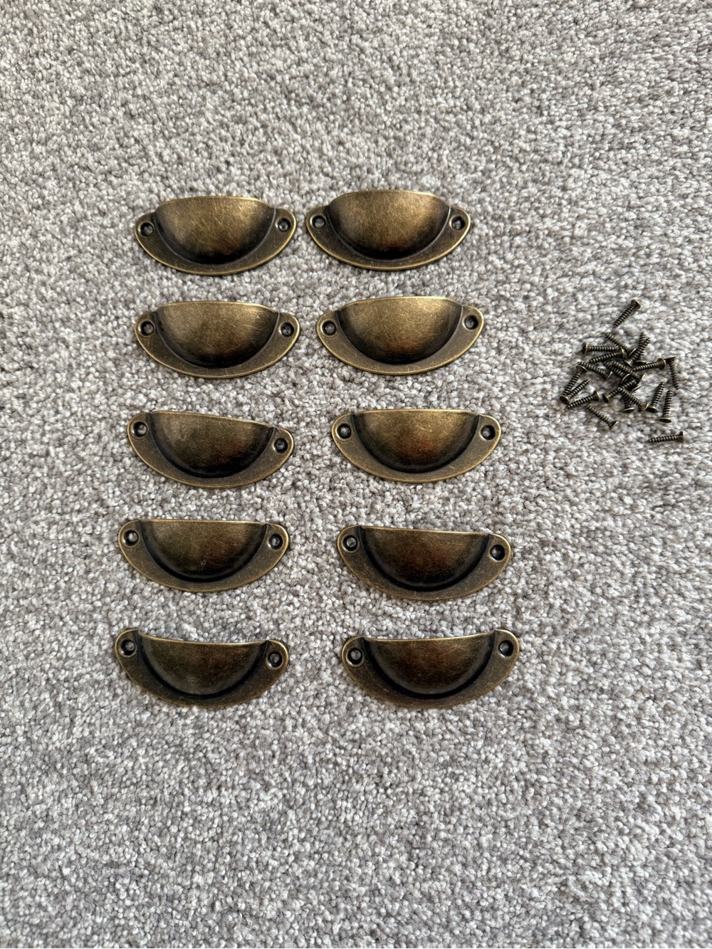 Set of 10 Antique Brass Cup Drawer Pulls + Screws